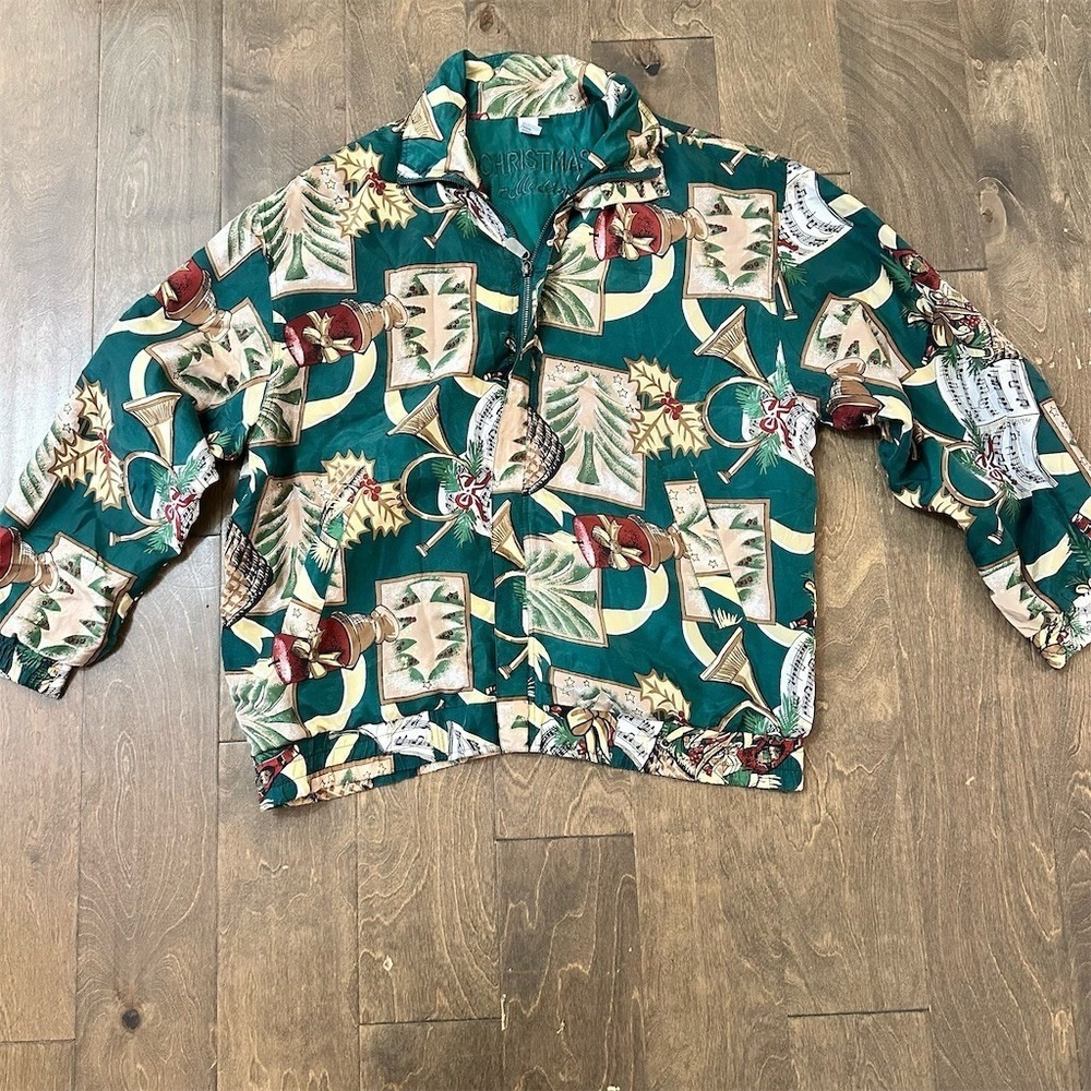 Vintage Christmas Bomber Jacket Womens XL Green‎ Full Zip Holiday Print